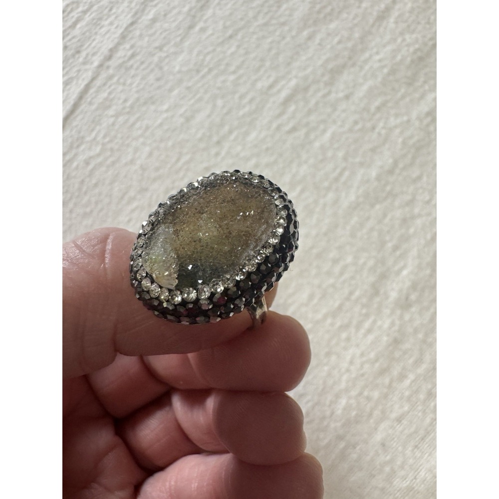 Ring Round Rhinestone Silver Dip Adjustable - Picture 2 of 4